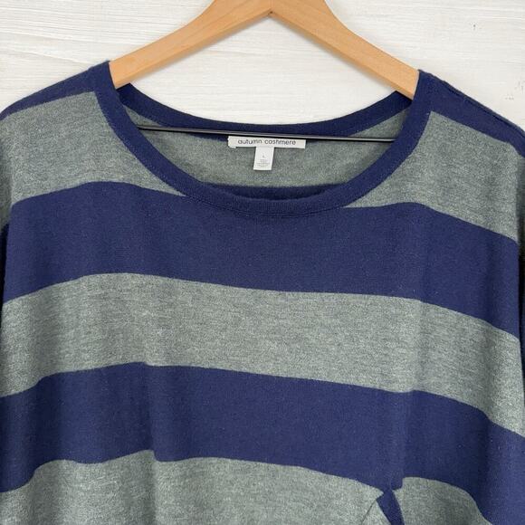 Autumn Cashmere 100% Cashmere Sweater L Striped Navy Green Boxy Drop Shoulder - Picture 2 of 12